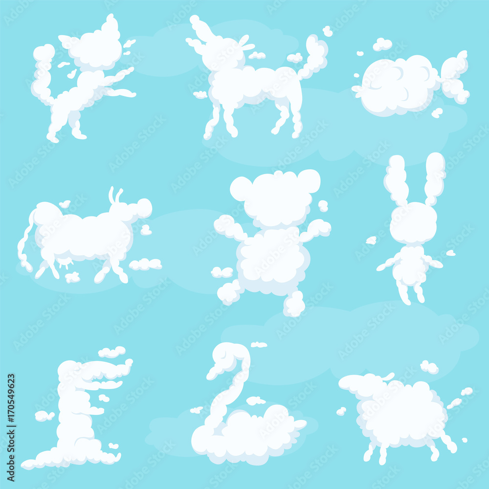 Fototapeta premium Animal clouds white silhouette set, kid imagination sweet dreams vector Illustrations