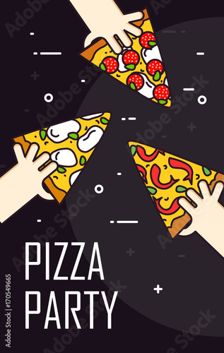 Illustration with hand and slice of pizza pepperoni. Vector banner for fast food. Thin line flat design card.