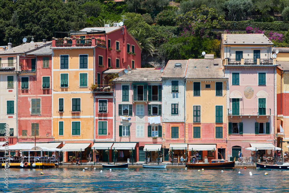 Portofino typical beautiful village with colorful houses facades in Italy, Liguria sea coast