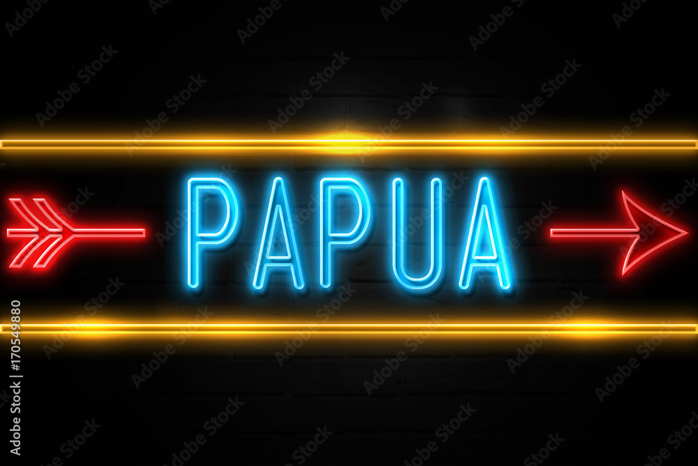 Papua  - fluorescent Neon Sign on brickwall Front view