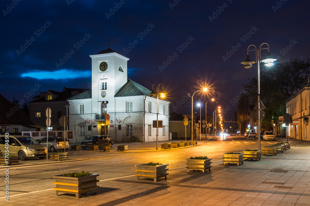 Town Hall at night in Piaseczno city, Poland