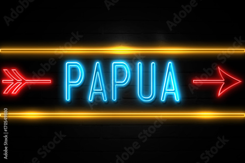 Papua - fluorescent Neon Sign on brickwall Front view
