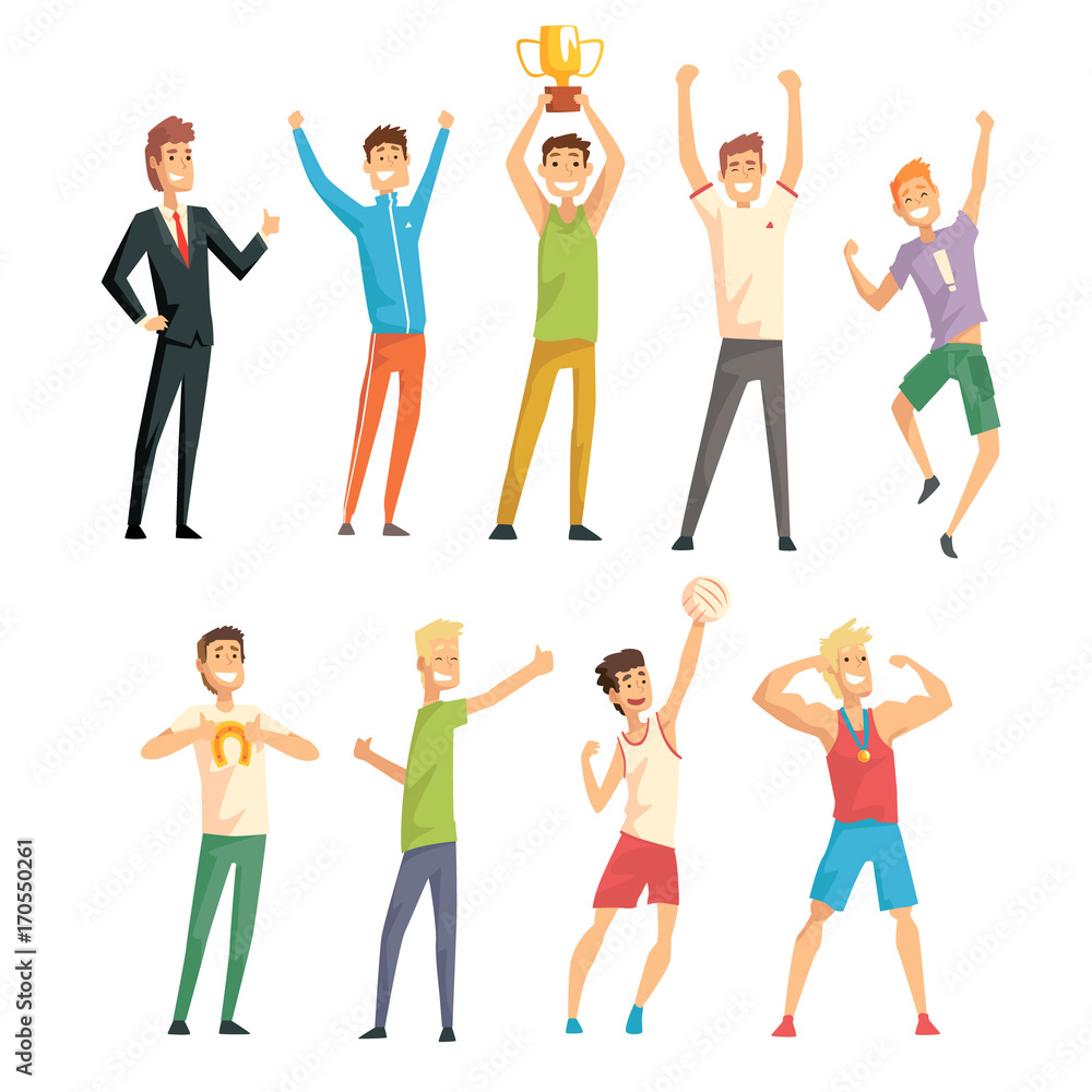 Young successful men in casual and sportswear enjoying their luck set vector Illustrations