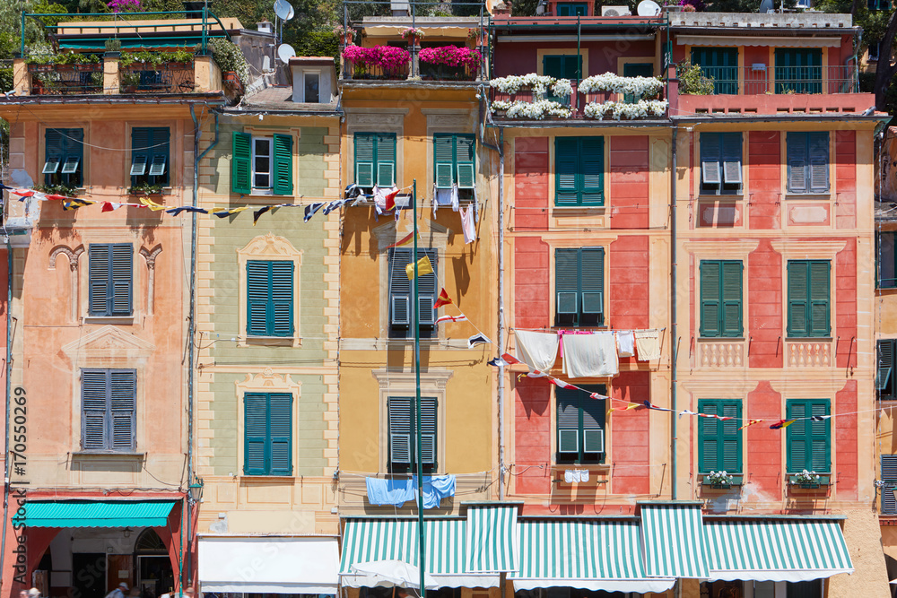 Portofino, typical Italian village with colorful houses facades in Italy, Liguria sea coast