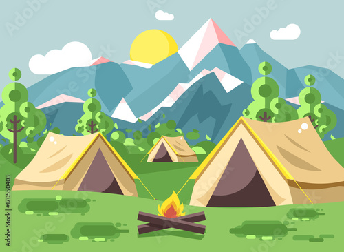 Vector illustration cartoon nature national park landscape with three tents camping hiking bonfire  open fire  bushes lawn  trees  daytime sunny day outdoor background of mountains in flat style