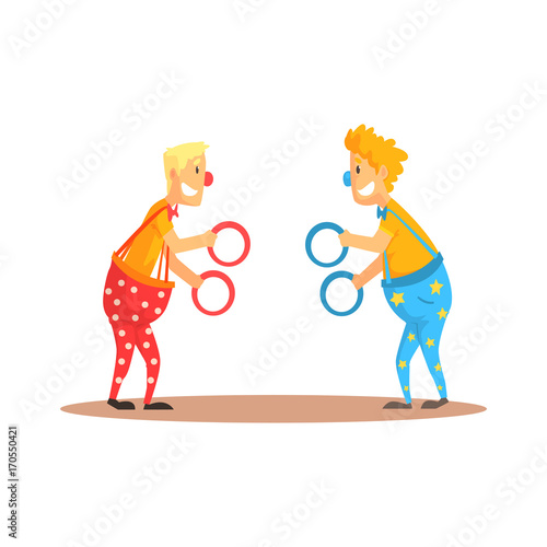 Clowns juggling with rings on a circus show. Circus or street actors colorful cartoon detailed vector Illustration
