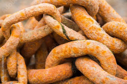 Old rusty heavy iron chain, close-up photo