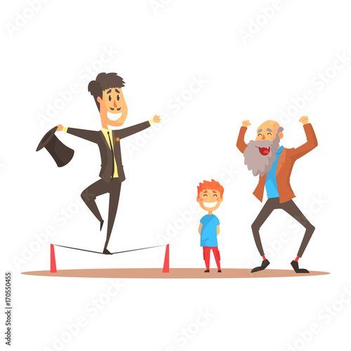 Tightrope walker performing before happy people, circus or street actor colorful cartoon detailed vector Illustration