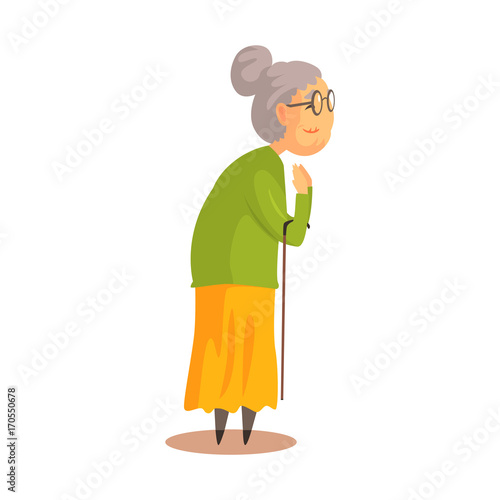 Old woman with walking stick standing and applauding colorful cartoon detailed vector Illustration