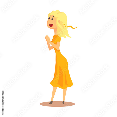 Beautiful happy woman watching something and applauding colorful cartoon detailed vector Illustration