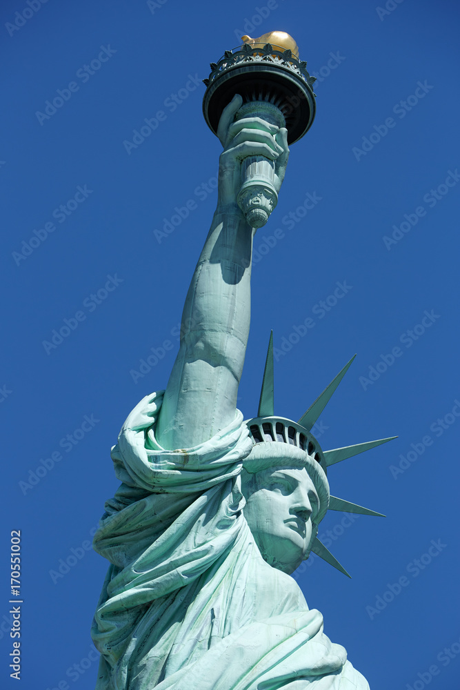 Fototapeta premium Statue of Liberty lateral view detail in a sunny day, blue sky in New York
