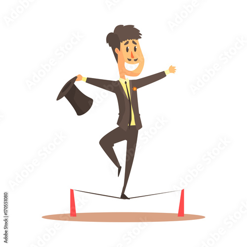 Tightrope walker balancing on the wire, circus or street actor colorful cartoon detailed vector Illustration