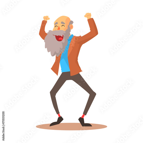 Happy laughing old man standing with raised arms colorful cartoon detailed vector Illustration