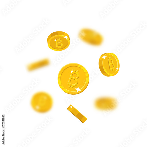 Gold bitcoins flying cartoon isolated. Gold bitcoins with the effect flying in the air in a cartoon style for designers and illustrators. Floating pieces in the form of vector illustrations
