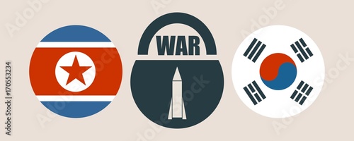 Image relative to politic situation between South Korea and North Korea. National flags on clouds divided by lock with war text and missile icon as keyhole