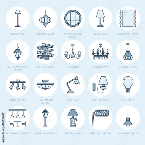 Light fixture, lamps flat line icons. Home and outdoor lighting equipment - chandelier, wall sconce, desk lamp, light bulb, power socket. Vector illustration, signs for electric, interior store.