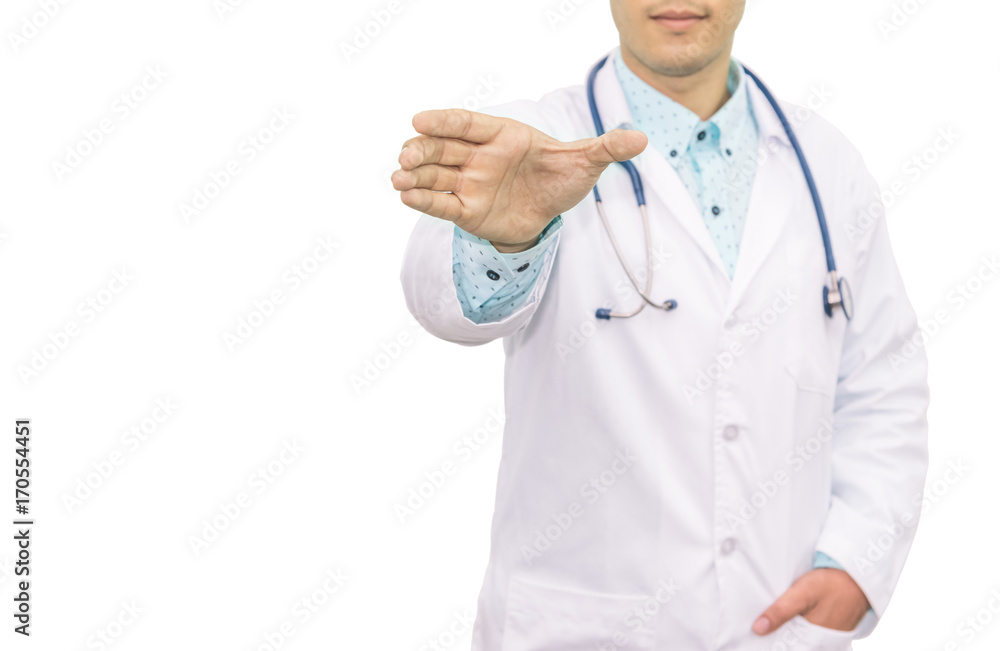 Closed up Doctor male physician presenting something with a copy space. Isolated on white Closed up Doctor male physician presenting something with a copy space. Isolated on white