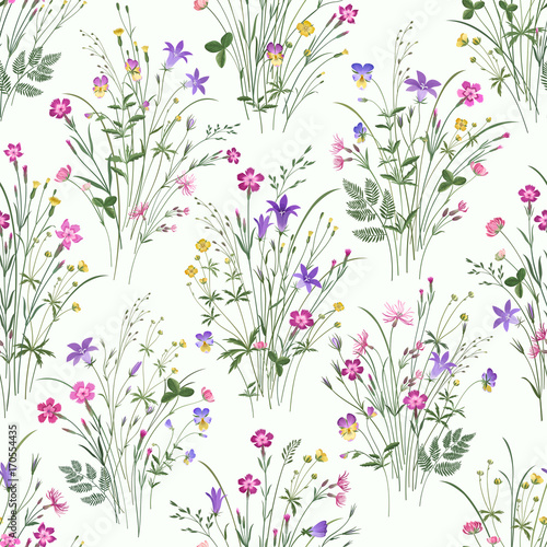 seamless floral pattern with meadow flower bouquets on white background