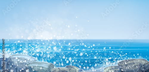 Vector  ocean with blue  sky and  stones beach.