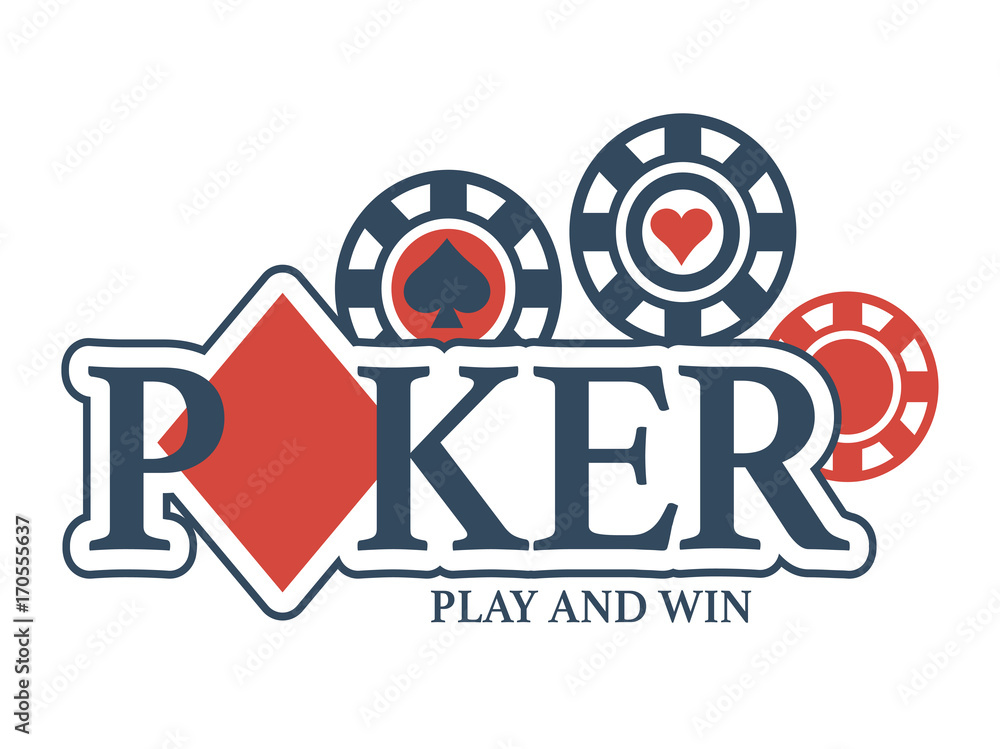 Play and win in poker promotional emblem with chips Play and win in poker promotional emblem with chips