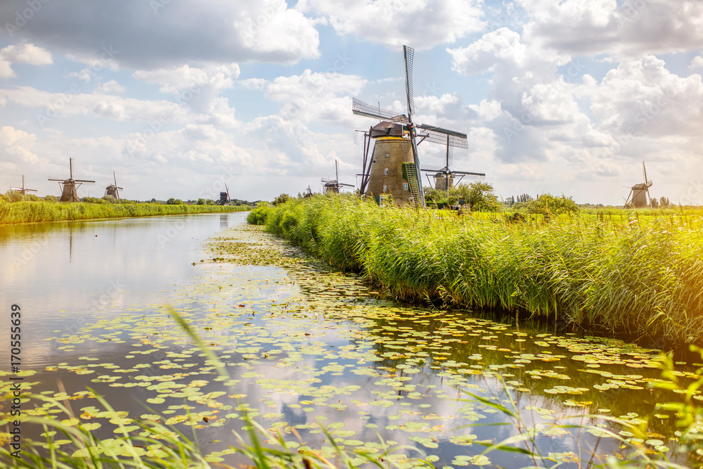 Landscape view on the old windmills during the sunny weather in Kinderdijk village, Netherlands