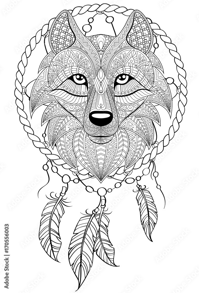 Dream catcher with wolf. Tattoo or adult antistress coloring page. Black  and white hand drawn doodle for coloring book Stock Vector