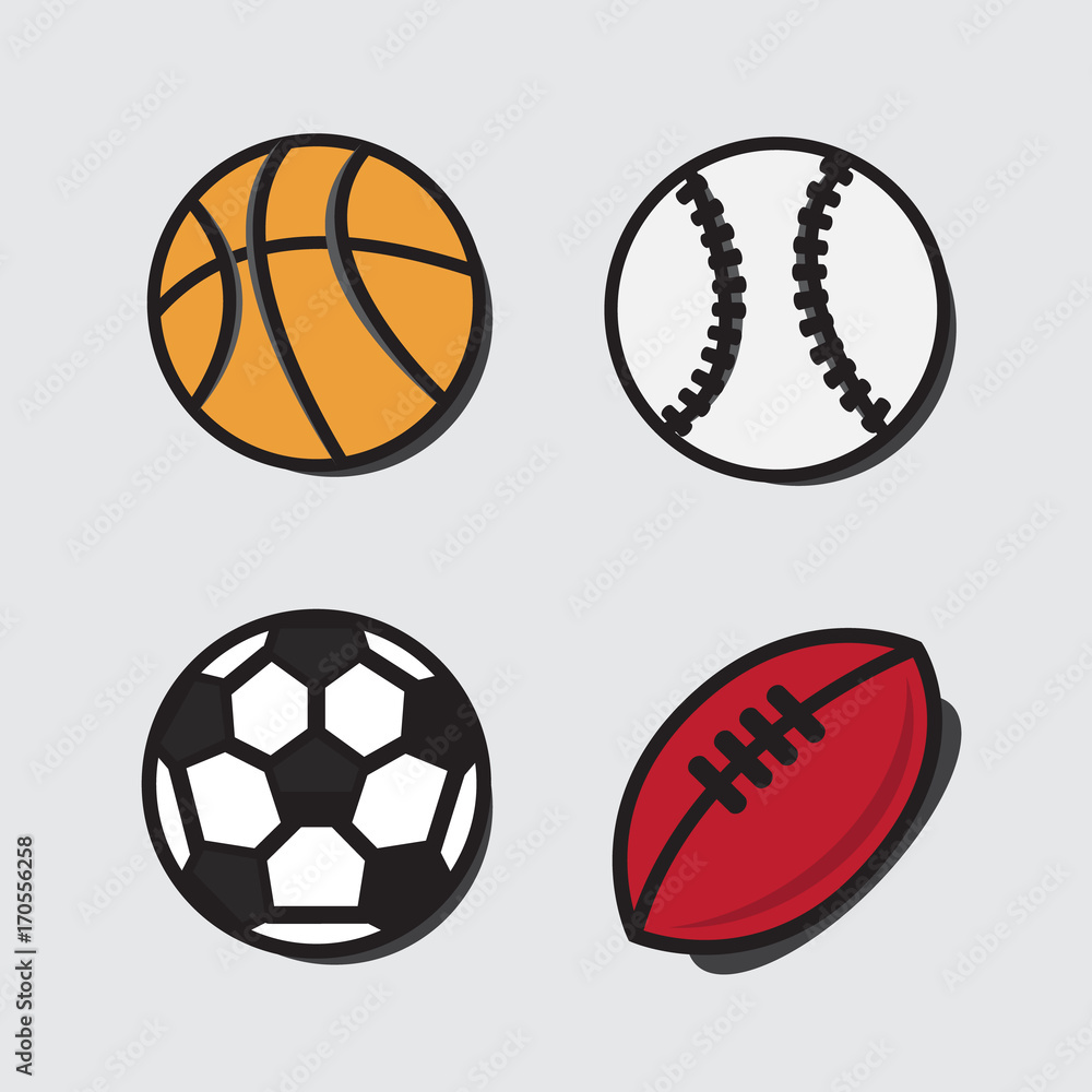 Sports balls. Vector cartoon ball set for soccer, rugby. Basketball and  football balls Stock Vector | Adobe Stock
