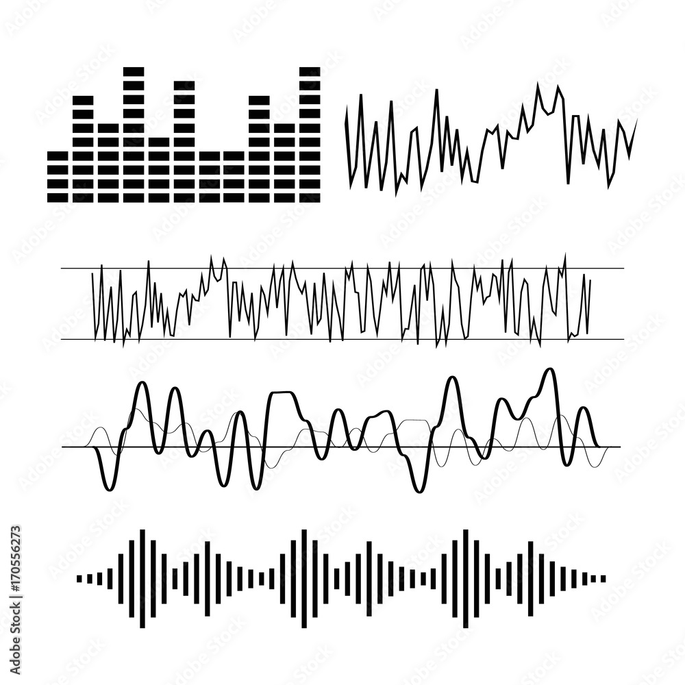 Signal wave set. Analog signals and digital sound waves forms vector.