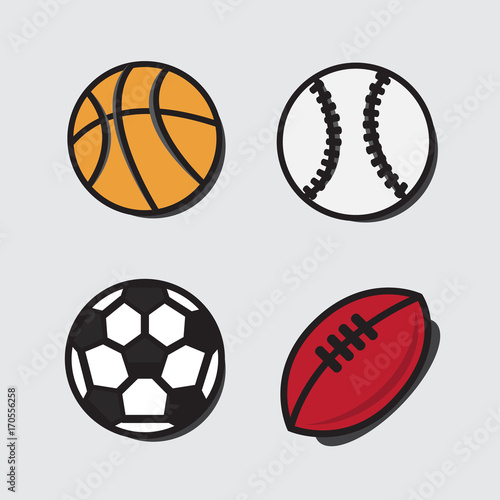 Sports balls. Vector cartoon ball set for soccer  rugby. Basketball and football balls