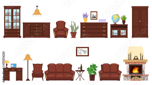 Big realistic Set of home furniture elements for cabinet, library, parlour.