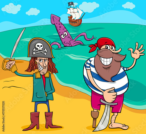 pirates on island cartoon illustration