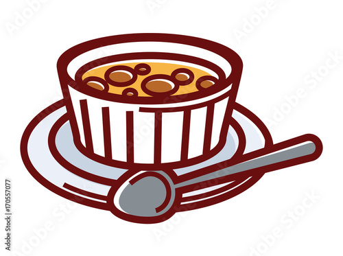 Sweet creme brulee in small container on plate with spoon