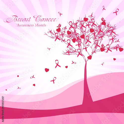 Awesome postcard with abstract tree and pink ribbons and hearts as leaves on pale striped background. National Breast Cancer Awareness Month. Vector illustration