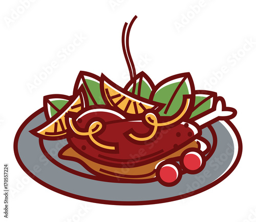 Hot duck a l'orange with oregano leaves on plate