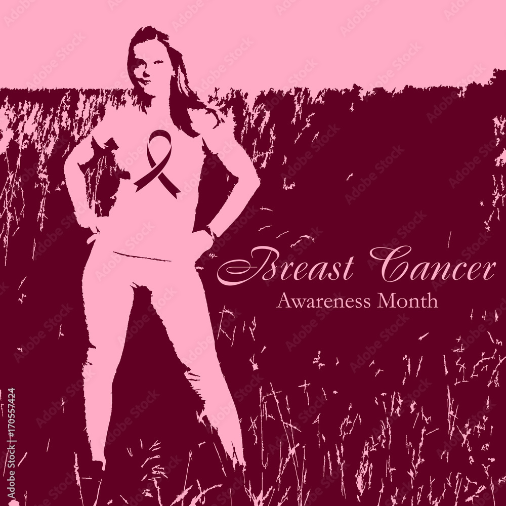 Shape of standing woman with cancer ribbon on breast on dark pink natural background. National Breast Cancer Awareness Month. Vector illustration