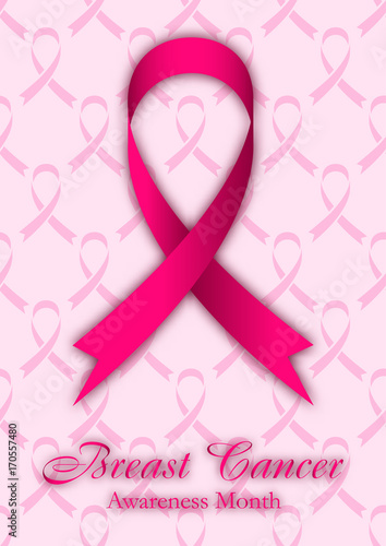 Shape of cancer ribbon on pale pink seamless background with ribbons. National Breast Cancer Awareness Month. Vector illustration