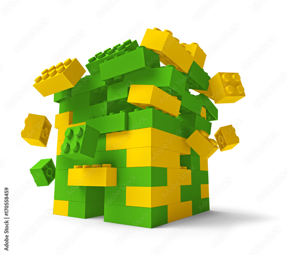 Obraz premium Toy building blocks tower collapsing 3D