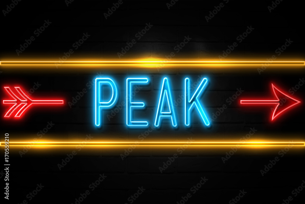 Peak - fluorescent Neon Sign on brickwall Front view Peak - fluorescent Neon Sign on brickwall Front view