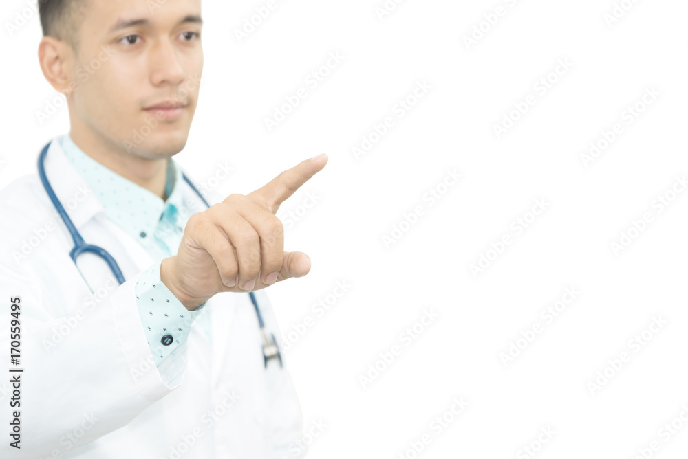 Professional doctor with stethoscope working with virtual screen ,Isolated on white Professional doctor with stethoscope working with virtual screen ,Isolated on white