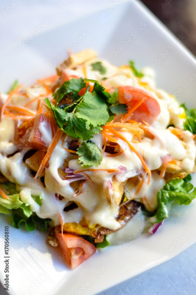 Tofu Salad, Fried egg, tofu, lettuce, tomato, onion, carrot with special creamy dressing. Tofu Salad, Fried egg, tofu, lettuce, tomato, onion, carrot with special creamy dressing.