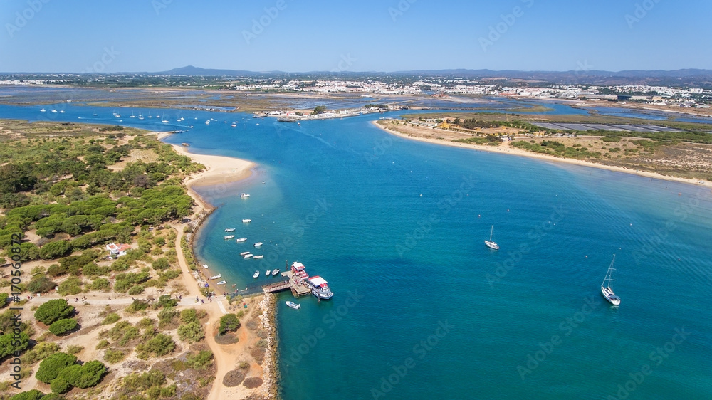Aerial. Gulf of the river island of Tavira. View from sky
