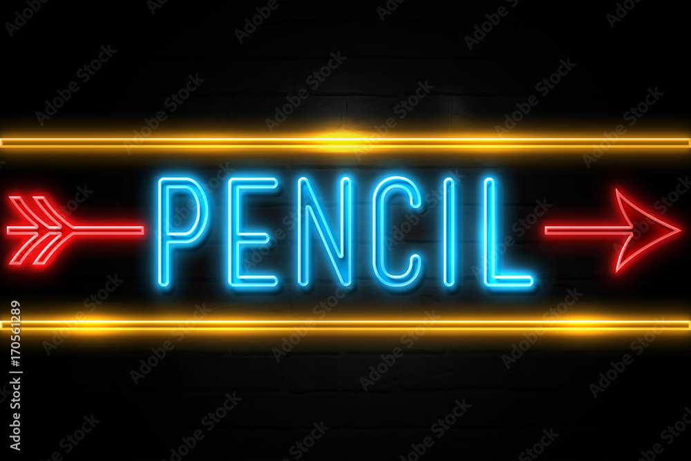 Pencil  - fluorescent Neon Sign on brickwall Front view