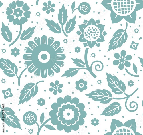 The flowers and leaves, decorative background, seamless, blue and white, vector. Gray-blue decorative flowers and leaves on a white background. Floral seamless pattern. 