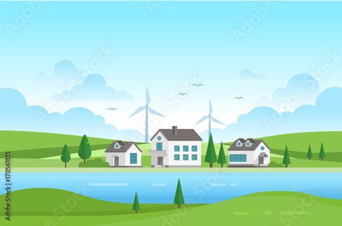 Housing estate with windmills by the river - modern vector illustration
