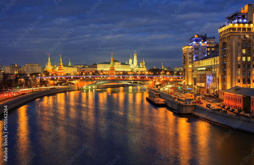 Night view of Kremlin and Moscow river embankment, Moscow, Russia. Moscow Kremlin is a UNESCO World Heritage Site.