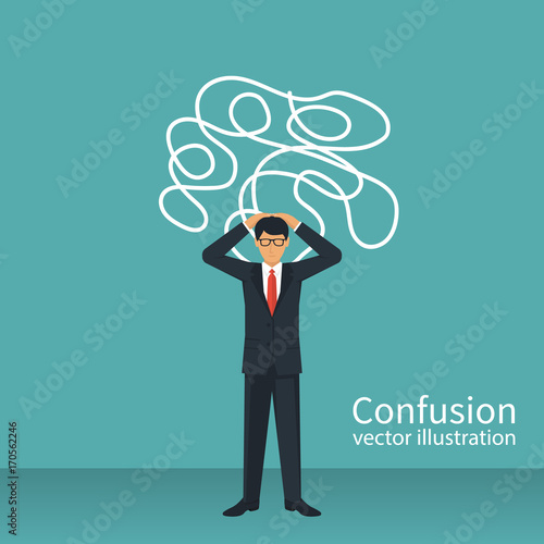 Confused thoughts. Confusion concept. Businessman is holding hands on head. Vector illustration flat design. Isolated on white background.