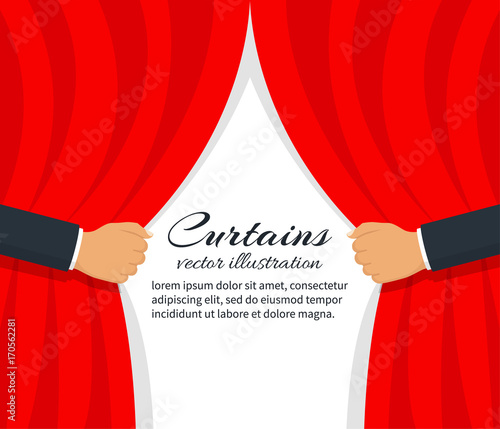 Open the curtain. Man hand open stage red curtain. Place for text template. Vector illustration flat style. Isolated on white background. Banner for design. Drape in presenting theater. Actor scene.