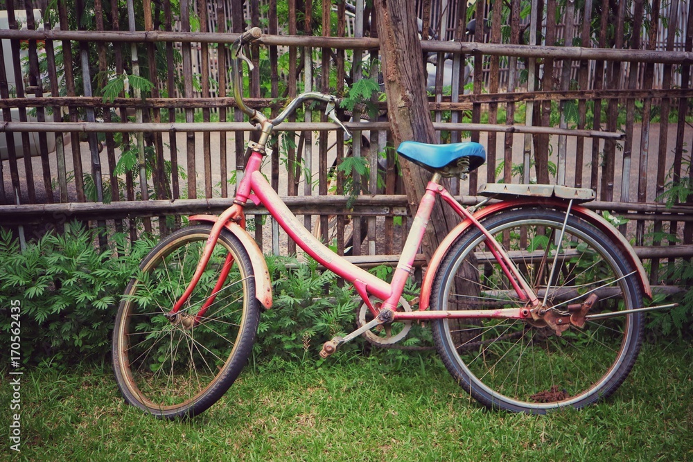 The old bike parked against the bamboo fence. Vintage style picture.