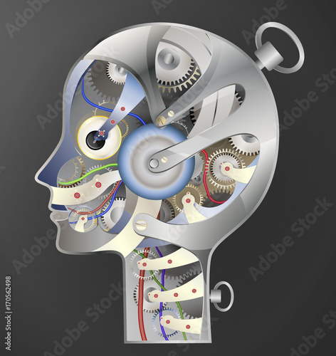 detailed metallic robot man head on dark background,
