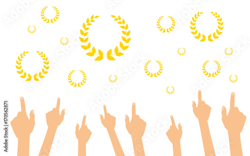 Hände zeigen auf Lorbeerkränze